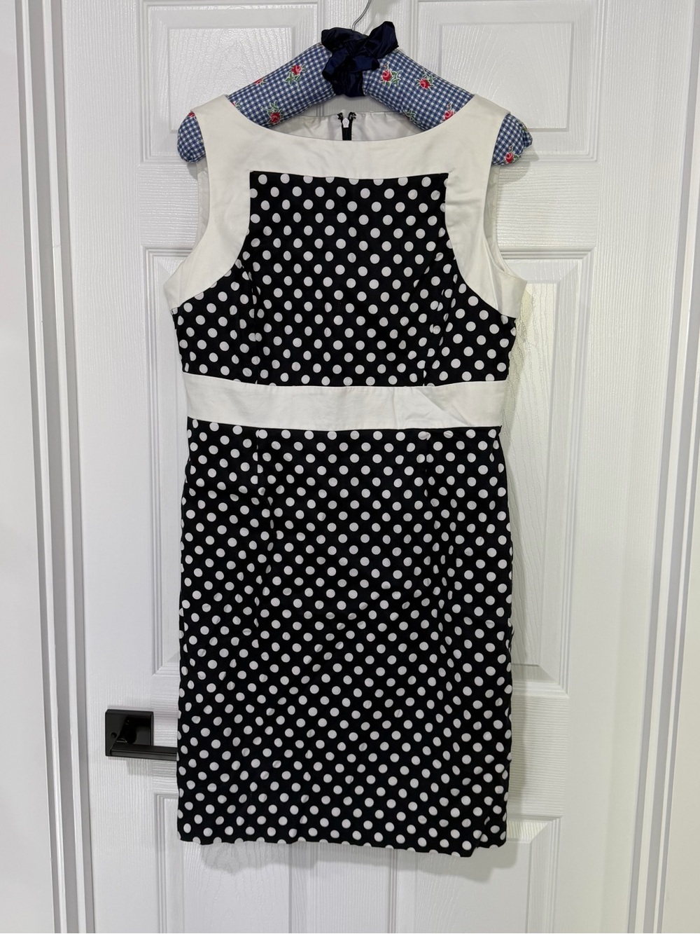 Tahari Navy and White Polka Dot Contrast Midi Dress